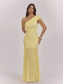 SHEIN Tall Women's Mesh Asymmetrical Shoulder Dress, Elegant Party & Date Outfit - Light Yellow - View 3