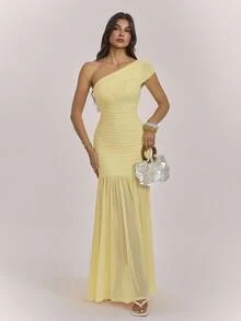SHEIN Tall Women's Mesh Asymmetrical Shoulder Dress, Elegant Party & Date Outfit - Light Yellow - View 6