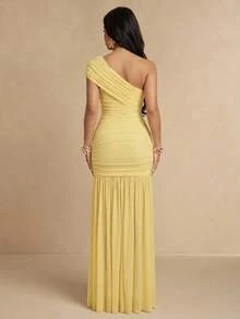SHEIN Tall Women's Mesh Asymmetrical Shoulder Dress, Elegant Party & Date Outfit - Light Yellow - View 2