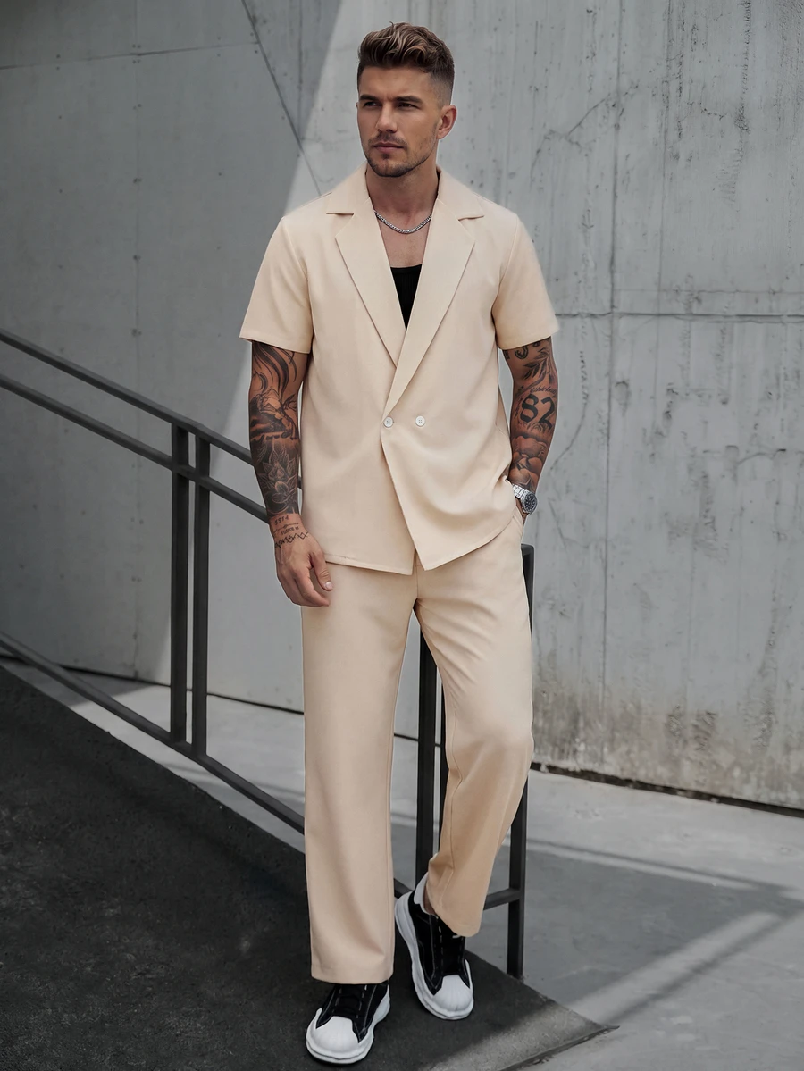 Manfinity CasualCool Men's Solid Color Double-Breasted Short Sleeve Shirt And Slant Pocket Pants Set, Formal - Khaki - View 1