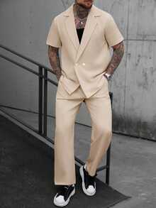 Manfinity CasualCool Men's Solid Color Double-Breasted Short Sleeve Shirt And Slant Pocket Pants Set, Formal - Khaki - View 2