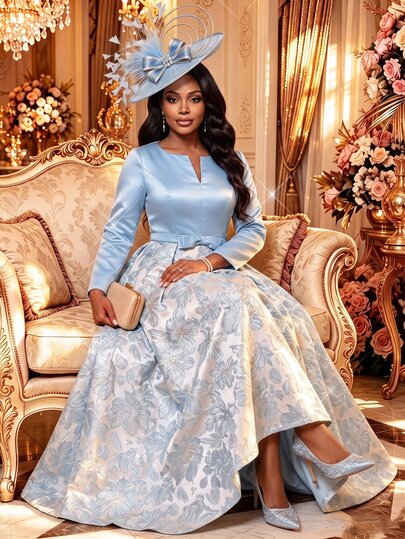 Fleurora Vestido de Noche Elegante para Mujer Talla Grande con Cuello en V, Manga Larga y Jacquard en Azul Bebé, Vestido de Boda, Cena, Fiesta y Ceremonia Formal