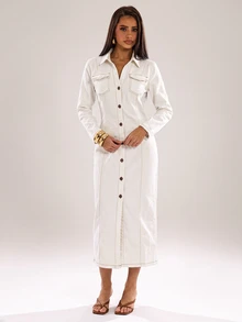 SHEIN MOD Women's Long Sleeve Single-Breasted Pocket Casual Shirt Denim Dress - White - View 7