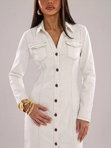 SHEIN MOD Women's Long Sleeve Single-Breasted Pocket Casual Shirt Denim Dress - White - View 6