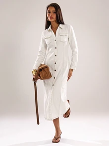 SHEIN MOD Women's Long Sleeve Single-Breasted Pocket Casual Shirt Denim Dress - White - View 4