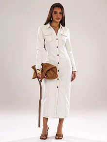 SHEIN MOD Women's Long Sleeve Single-Breasted Pocket Casual Shirt Denim Dress - White - View 3