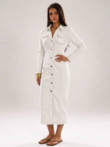 SHEIN MOD Women's Long Sleeve Single-Breasted Pocket Casual Shirt Denim Dress - White - View 5