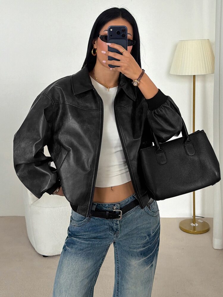 SHEIN PETITE Stylish American-Style Black Jacket With A Distressed Gradient Finish For Petite Women. - Black - View 7