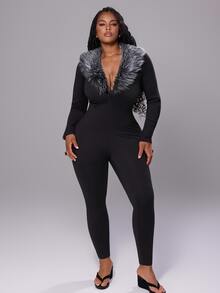 Rustia Fashion Slim Fit Fur Collar Jumpsuit Plus Size Women's - Black - View 8