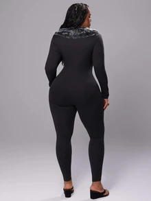 Rustia Fashion Slim Fit Fur Collar Jumpsuit Plus Size Women's - Black - View 2
