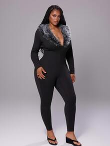 Rustia Fashion Slim Fit Fur Collar Jumpsuit Plus Size Women's - Black - View 3