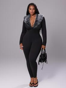 Rustia Fashion Slim Fit Fur Collar Jumpsuit Plus Size Women's - Black - View 4