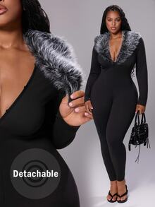 Rustia Fashion Slim Fit Fur Collar Jumpsuit Plus Size Women's - Black - View 1