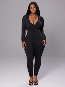 Rustia Fashion Slim Fit Fur Collar Jumpsuit Plus Size Women's - Black - View 7