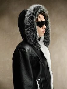 ROMWE MEN Jaket Parka Kulit Kasual Pria Lengan Panjang Kancing Tunggal dengan Tudung - Hitam - View 9