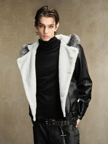 ROMWE MEN Jaket Parka Kulit Kasual Pria Lengan Panjang Kancing Tunggal dengan Tudung - Hitam - View 4