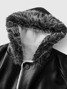 ROMWE MEN Jaket Parka Kulit Kasual Pria Lengan Panjang Kancing Tunggal dengan Tudung - Hitam - View 12