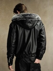 ROMWE MEN Jaket Parka Kulit Kasual Pria Lengan Panjang Kancing Tunggal dengan Tudung - Hitam - View 3