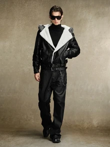 ROMWE MEN Jaket Parka Kulit Kasual Pria Lengan Panjang Kancing Tunggal dengan Tudung - Hitam - View 8