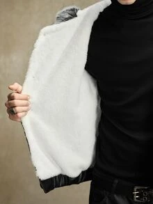ROMWE MEN Jaket Parka Kulit Kasual Pria Lengan Panjang Kancing Tunggal dengan Tudung - Hitam - View 5