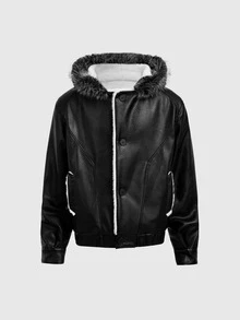 ROMWE MEN Jaket Parka Kulit Kasual Pria Lengan Panjang Kancing Tunggal dengan Tudung - Hitam - View 10