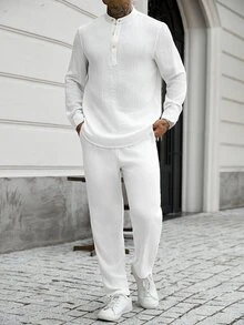 Manfinity CasualCool Men's Long Sleeve Long Pants Autumn/Winter Style Shirt Collar Button-Up Shirt Set - White - View 8