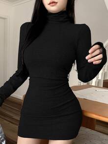DAZY Women Back To School Short Dress,Fall Dress Long Sleeve Dress - Black - View 2
