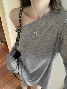 DAZY 女士露肩开衩宽松T恤灰色上衣露肩上衣露肩T恤露肩T恤，秋季长袖女式上衣泳装罩衫 - 灰色 - 查看 5