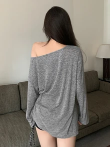 DAZY 女士露肩开衩宽松T恤灰色上衣露肩上衣露肩T恤露肩T恤，秋季长袖女式上衣泳装罩衫 - 灰色 - 查看 3