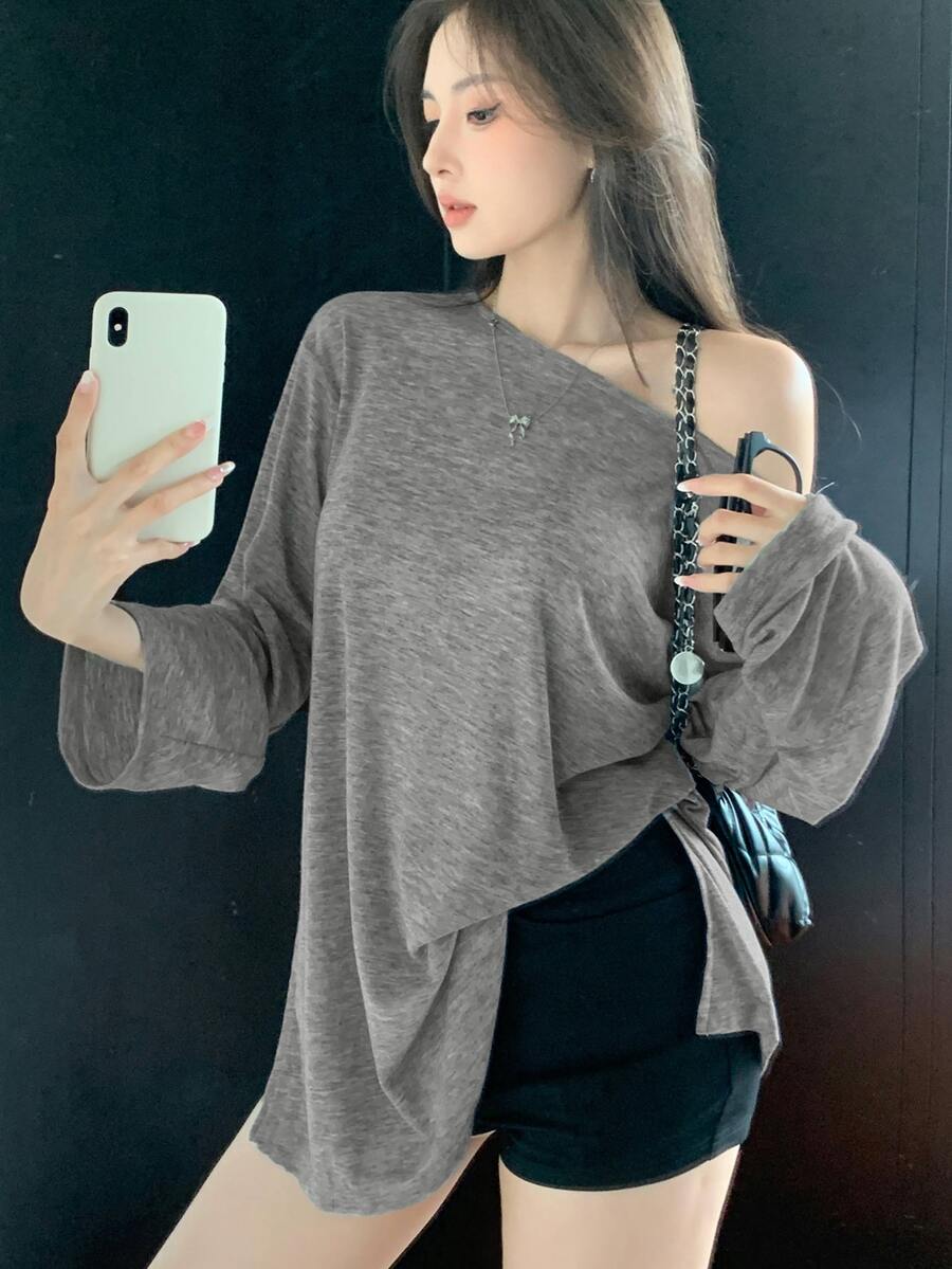 DAZY 女士露肩开衩宽松T恤灰色上衣露肩上衣露肩T恤露肩T恤,秋季长袖女式上衣泳装罩衫 - 灰色 - 查看 1