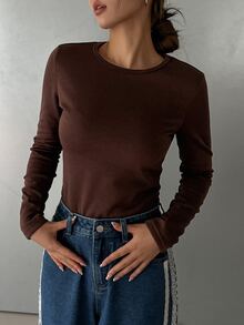DAZY Women's Solid Color Round Neck Long Sleeve Fitted Casual Fleece T-Shirt, Thermal Lined Fall,Winter - Brown - View 6