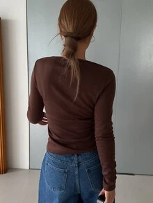 DAZY Women's Solid Color Round Neck Long Sleeve Fitted Casual Fleece T-Shirt, Thermal Lined Fall,Winter - Brown - View 3