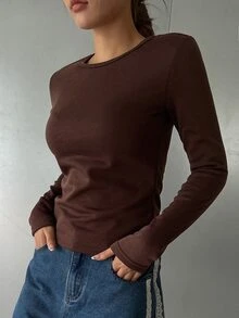DAZY Women's Solid Color Round Neck Long Sleeve Fitted Casual Fleece T-Shirt, Thermal Lined Fall,Winter - Brown - View 8