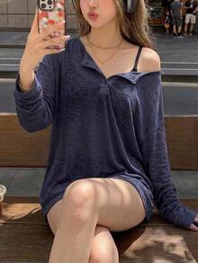 DAZY Women's Solid Color Simple Casual T-Shirt, Fashionable For Daily Wear Long Sleeve Women Tops Cover Ups For Swimwear - Navy Blue - View 2