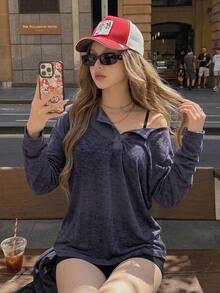 DAZY Women's Solid Color Simple Casual T-Shirt, Fashionable For Daily Wear Long Sleeve Women Tops Cover Ups For Swimwear - Navy Blue - View 3