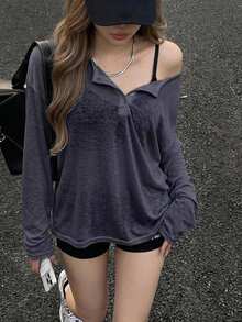 DAZY Women's Solid Color Simple Casual T-Shirt, Fashionable For Daily Wear Long Sleeve Women Tops Cover Ups For Swimwear - Navy Blue - View 5