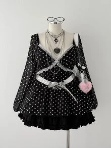 Sunspun Blus Pinggang Berkerut Polkadot Ukuran Besar, Kemeja Lengan Lentera Chiffon Transparan Leher V Seksi - Hitam - View 4