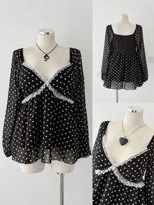 Sunspun Blus Pinggang Berkerut Polkadot Ukuran Besar, Kemeja Lengan Lentera Chiffon Transparan Leher V Seksi - Hitam - View 6