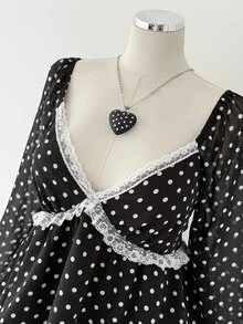 Sunspun Blus Pinggang Berkerut Polkadot Ukuran Besar, Kemeja Lengan Lentera Chiffon Transparan Leher V Seksi - Hitam - View 8