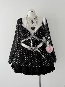 Sunspun Blus Pinggang Berkerut Polkadot Ukuran Besar, Kemeja Lengan Lentera Chiffon Transparan Leher V Seksi - Hitam - View 5