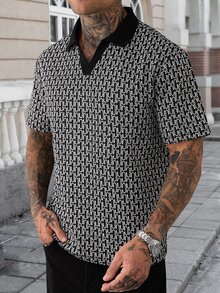 Manfinity CasualCool Men's Short Sleeve Textured Fabric Patterned Polo Shirt With Collar, Suitable For Outings And Gatherings - Black - View 3