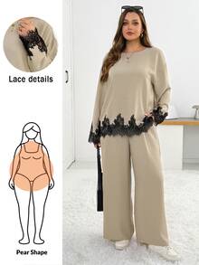 Shapeblank 女款大尺碼休閒優雅兩件套(米灰色)寬鬆舒適長袖上衣配蕾絲拼接寬腿褲 春季/秋冬 - 杏色 - 查看 2
