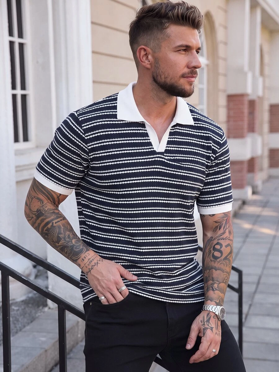 Manfinity CasualCool Men's Striped Short Sleeve Business Casual Polo Shirt, Ceremony - Royal Blue - View 1