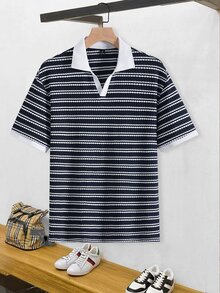 Manfinity CasualCool Men's Striped Short Sleeve Business Casual Polo Shirt, Ceremony - Royal Blue - View 4