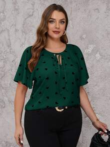 Reflora Plus Size Front Tie Short Sleeve All-Over Heart Print Simple Casual Blouse, For Everyday Wear, For Summer - Dark Green - View 3
