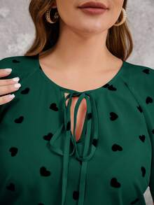 Reflora Plus Size Front Tie Short Sleeve All-Over Heart Print Simple Casual Blouse, For Everyday Wear, For Summer - Dark Green - View 9
