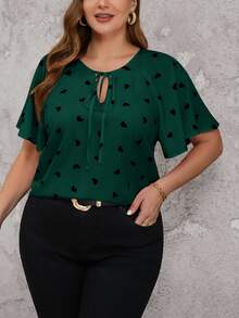 Reflora Plus Size Front Tie Short Sleeve All-Over Heart Print Simple Casual Blouse, For Everyday Wear, For Summer - Dark Green - View 6