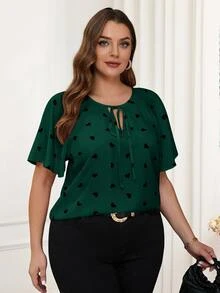 Reflora Plus Size Front Tie Short Sleeve All-Over Heart Print Simple Casual Blouse, For Everyday Wear, For Summer - Dark Green - View 2