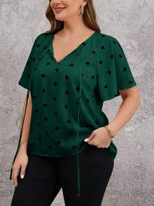 Reflora Plus Size Front Tie Short Sleeve All-Over Heart Print Simple Casual Blouse, For Everyday Wear, For Summer - Dark Green - View 5