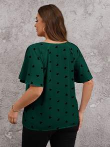Reflora Plus Size Front Tie Short Sleeve All-Over Heart Print Simple Casual Blouse, For Everyday Wear, For Summer - Dark Green - View 8